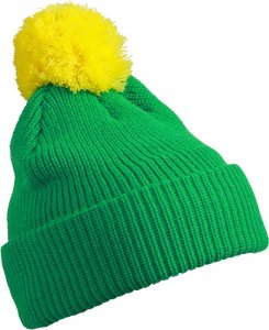 Knitted hat with brim and pompon